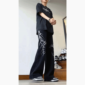 美式复古刺绣重工黑色牛仔裤男宽松垂感微喇阔腿裤G5099-P55图片