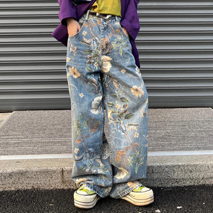 高级感花卉印花牛仔裤男女小众街头痞帅宽松直筒阔腿裤G2059-P58图片