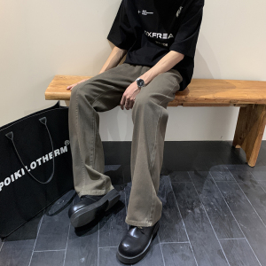 美式复古水洗棉加软牛仔裤男女小众拼接设计款微喇长裤G98928-P65图片