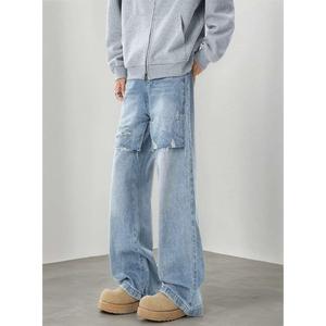 美式復(fù)古拼接設(shè)計(jì)感搭片牛仔褲男小眾寬松直筒水洗褲G5829-P特60圖片