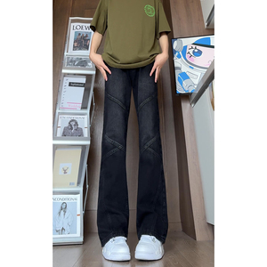 水洗做旧拼接牛仔裤男新款潮牌美式复古条纹痞帅宽松阔腿休闲长裤图片