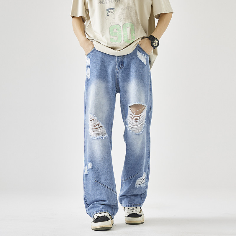2025春夏美式街头破洞乞丐裤男手工磨破宽松直筒牛仔裤G9092-P58,男装牛仔裤,星座814-1（原电商B253-1）