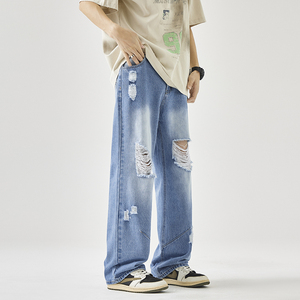 2025春夏美式街头破洞乞丐裤男手工磨破宽松直筒牛仔裤G9092-P58图片