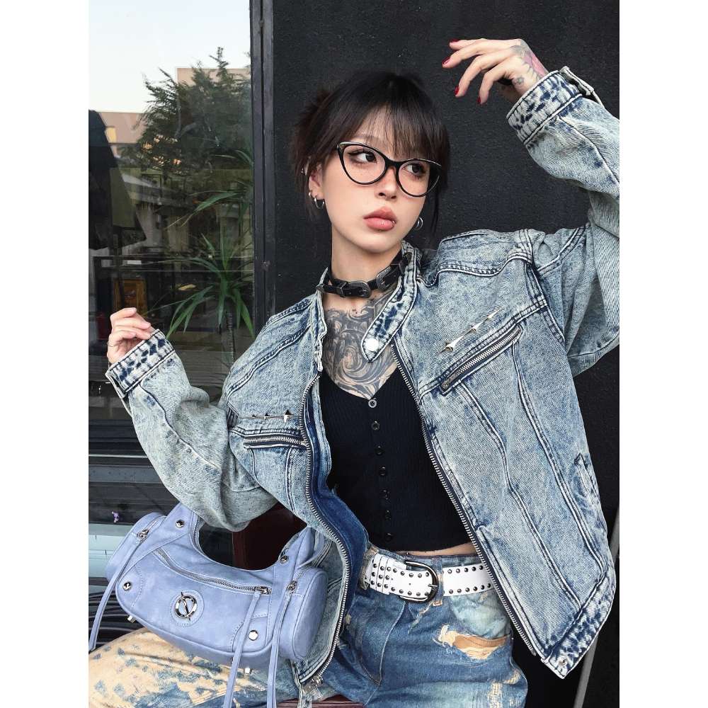 美式高街复古做旧水洗短款夹克男女小众金属牛仔外套TY1820-P88,男装工装外套,星座814-1（原电商B253-1）