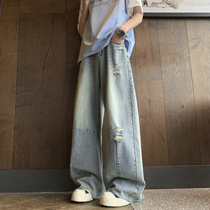 2025春夏美式高街水洗破洞弯刀牛仔裤男女宽松直筒长裤G9571-P65图片