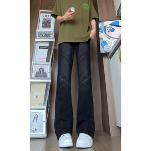 美式复古拼接设计感牛仔裤男高街vibe显瘦直筒微喇裤G2071-P58图片