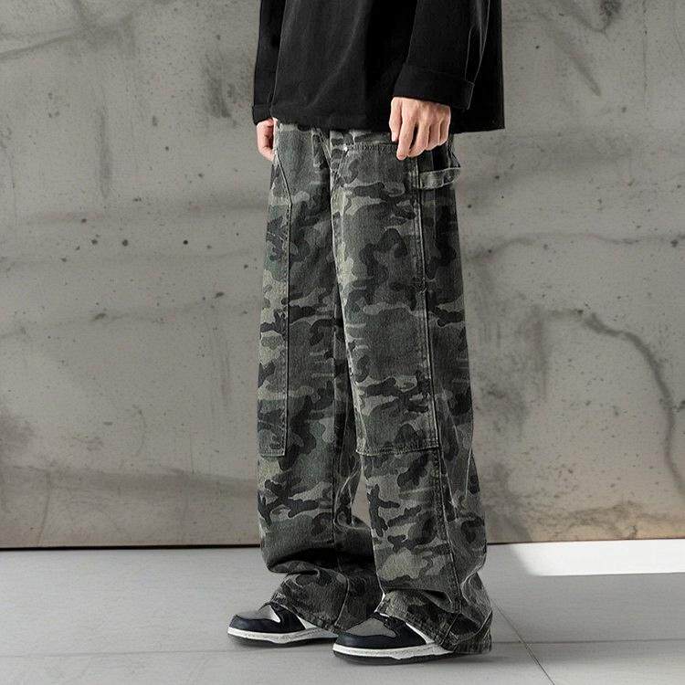 美式迷彩工装牛仔裤男高街hiphop宽松直筒阔腿长裤G7031-P48图片