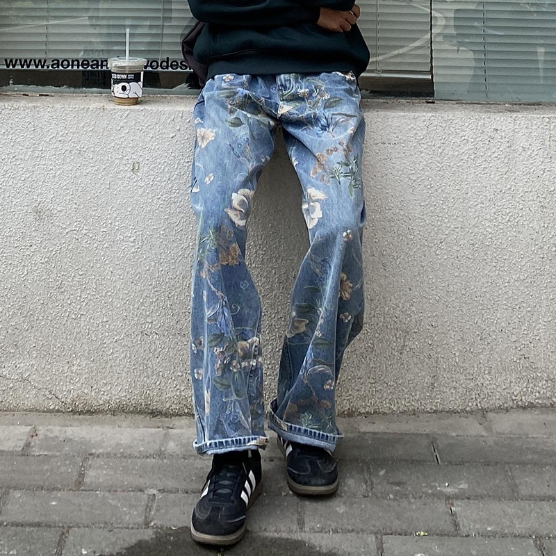 美式街头痞帅印花牛仔裤男女风宽松拖地阔腿裤子G2059-P58，男装牛仔裤，星座814-1（原电商B253-1）