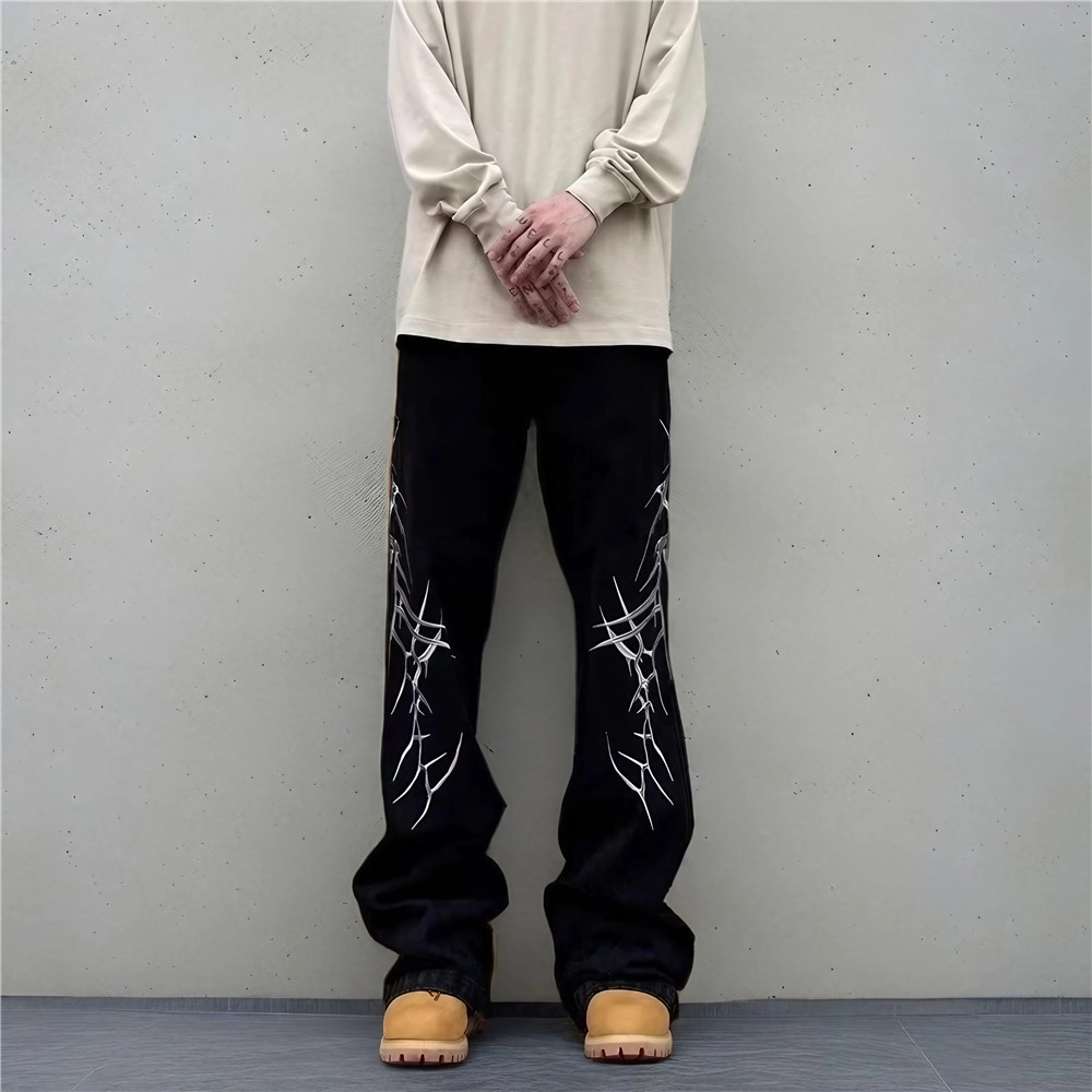 美式复古刺绣重工黑色牛仔裤男女宽松垂感微喇阔腿裤G5099-P55,男装牛仔裤,星座814-1（原电商B253-1）
