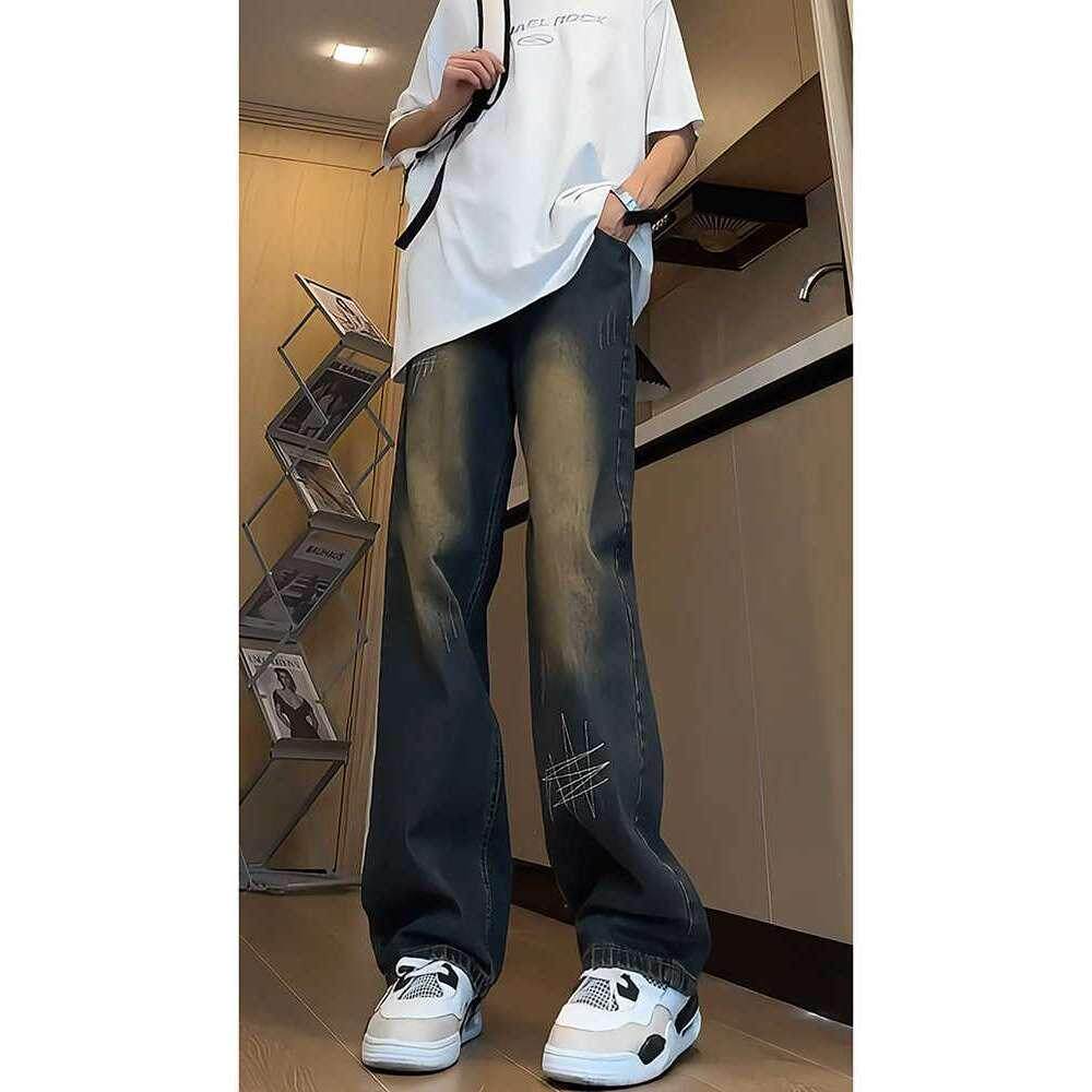 美式刺绣牛仔裤男女高街vibe痞帅直筒微喇长裤G8072-P55图片