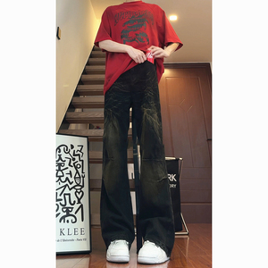 美式复古牛仔裤男高街vibe直筒渐变设计感痞帅微喇叭裤G8066-P58图片