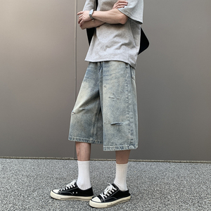 2025夏季高街水洗破洞牛仔短裤男美式宽松潮流五分裤G99561-P55图片