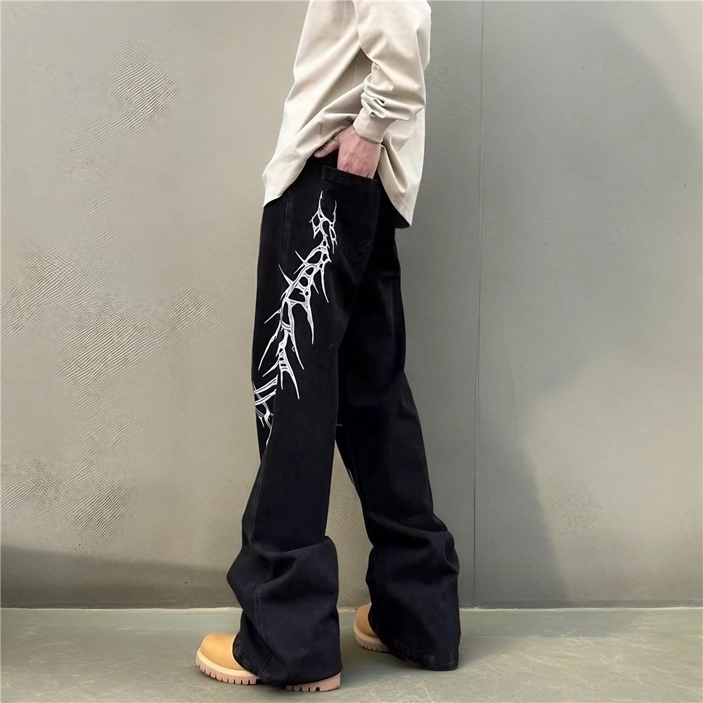 美式复古刺绣重工黑色牛仔裤男女宽松垂感微喇阔腿裤G5099-P55,男装牛仔裤,星座814-1（原电商B253-1）