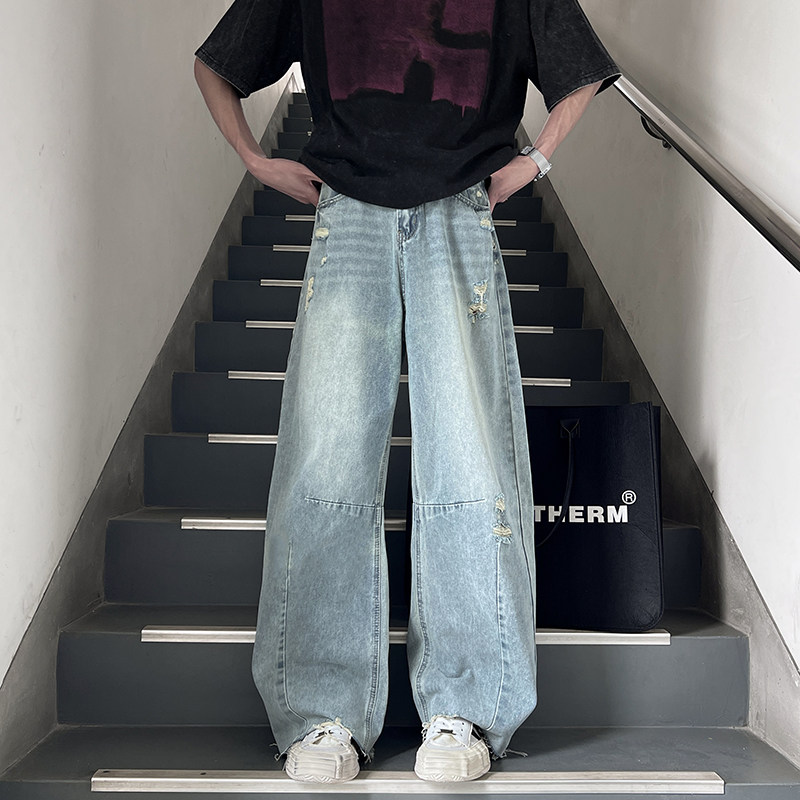 高街水洗破洞宽松牛仔裤男夏季美式复古直筒裤长期有货G9571-P65,男装牛仔裤,星座814-1（原电商B253-1）