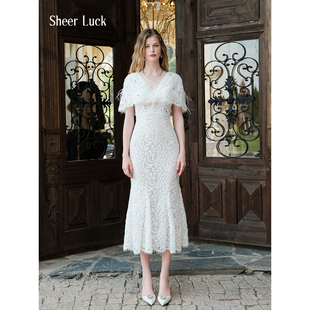 鱼尾吊带连衣裙 Cape氛围感V领蕾丝披肩修身 Sheer Luck