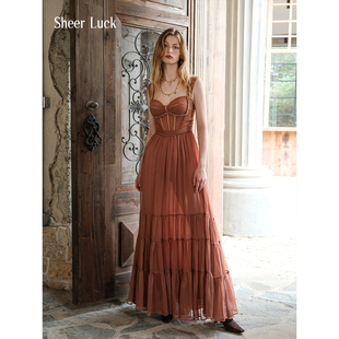 Sheer Tia定制编织串珠褶皱设计雪纺清透网纱裙挂脖伞裙 Luck