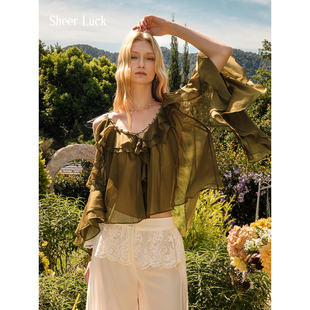 Sheer Flowy飘逸雪纺荷叶边V领编织麻绳设计度假风衬衣 Luck