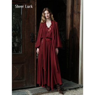 雪纺蕾丝收腰灯笼袖 Sheer 新款 Milena2025秋季 V领气质连衣裙 Luck