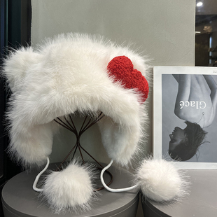 新款 可爱kitty猫耳朵蝴蝶结毛绒雷锋帽女秋冬保暖护耳大头围帽子