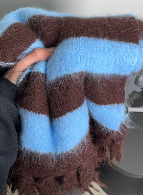 韩系氛围感羊毛绒保暖蓝色条纹围巾女秋冬防寒护脸学生披肩围脖潮