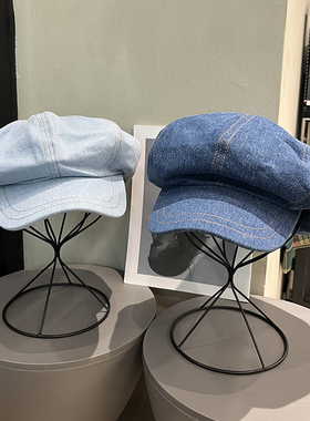 复古牛仔贝雷帽女新款春夏蓝色八角帽大头围百搭画家帽显脸小帽子