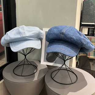 复古牛仔贝雷帽女新款 春夏蓝色八角帽大头围百搭画家帽显脸小帽子