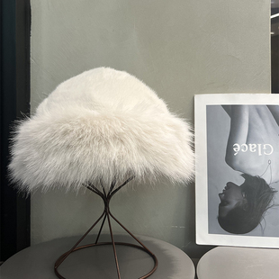 白色毛毛长白山雪山毛绒渔夫帽女冬季 保暖防寒大头围拍照蒙古帽子