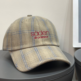 大头围复古格纹棒球帽女夏遮阳透气百搭春秋休闲显脸小鸭舌帽子潮