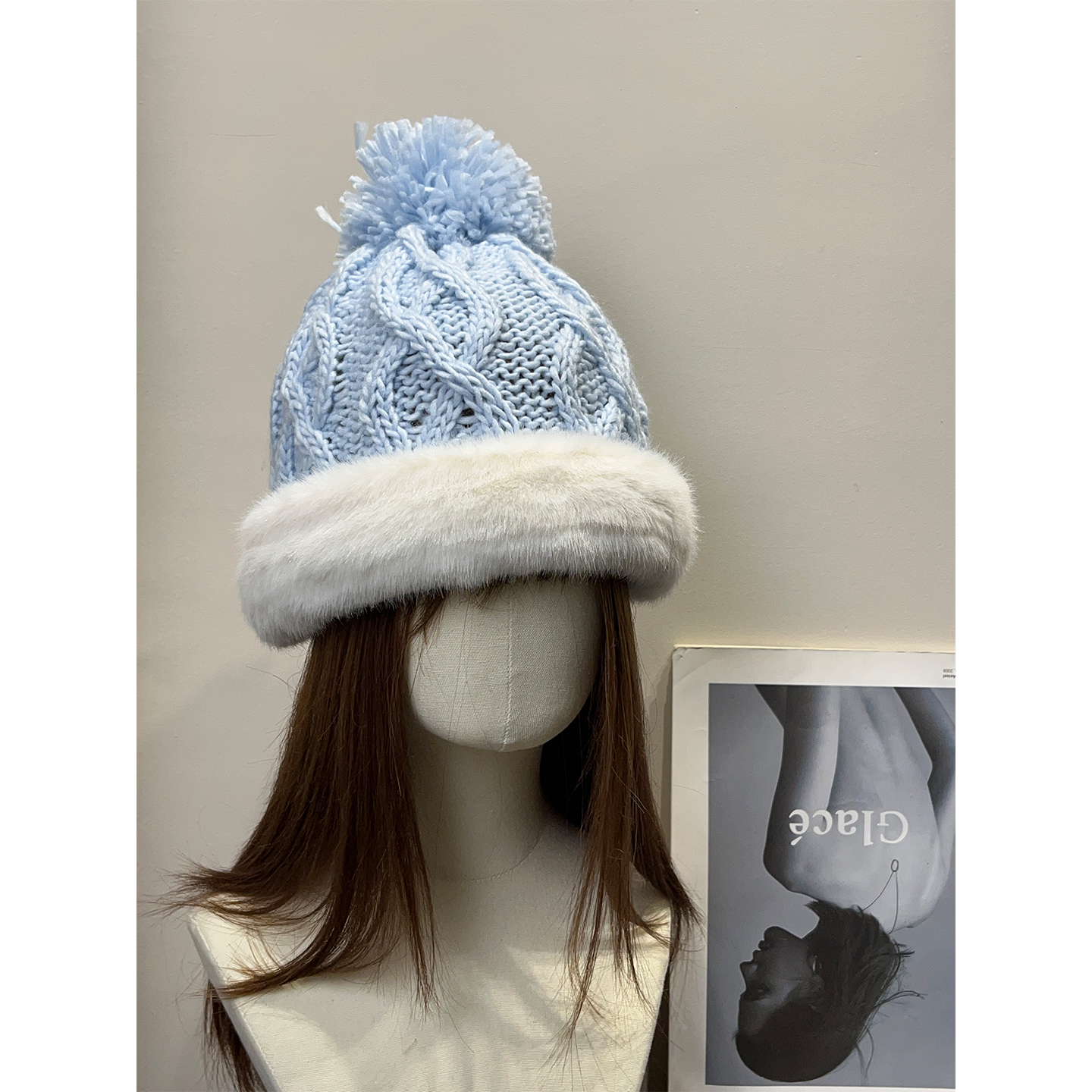 复古冬日禾木蓝色毛球钩花针织帽女秋冬保暖可爱显脸小毛线帽子潮