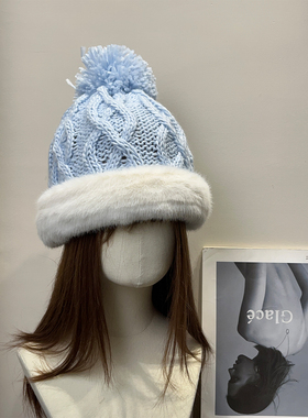 复古冬日禾木蓝色毛球钩花针织帽女秋冬保暖可爱显脸小毛线帽子潮