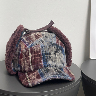 复古扎染格纹秋冬保暖鸭舌雷锋帽女毛绒旅游骑行护耳飞行员帽子男