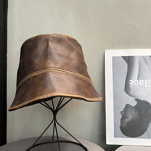 日系百搭复古棕色皮质渔夫帽女小众美拉德风帽子显脸小古着水桶帽