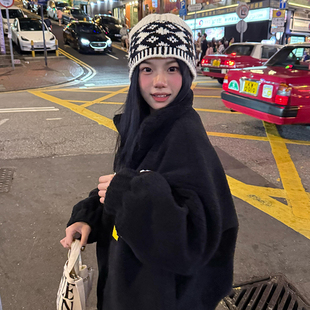 复古拼色菱格针织帽子女秋冬保暖柔软显脸小冷帽防寒护耳毛线帽潮