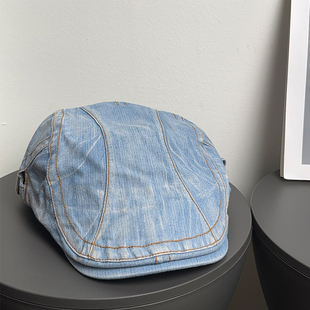 水洗复古牛仔鸭嘴前进帽女百搭美式 做旧晕染显脸小画家贝雷帽子潮