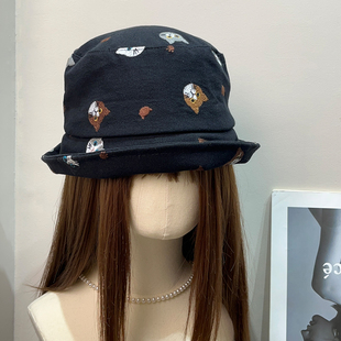 日系可爱重工猫咪刺绣翻檐渔夫帽女春夏遮阳百搭显脸小休闲盆帽子