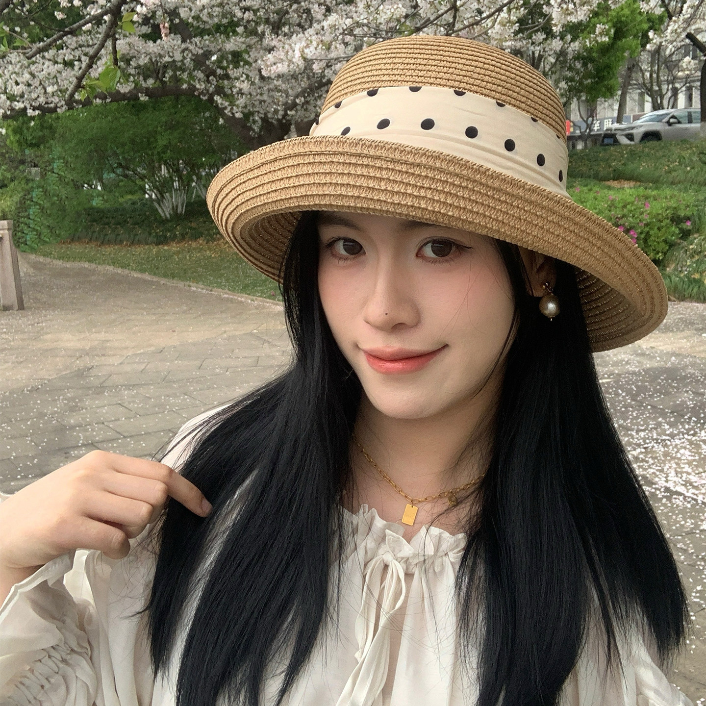 日系复古波点飘带翻檐卷边草帽女夏季海滩防晒遮阳帽出游沙滩帽子