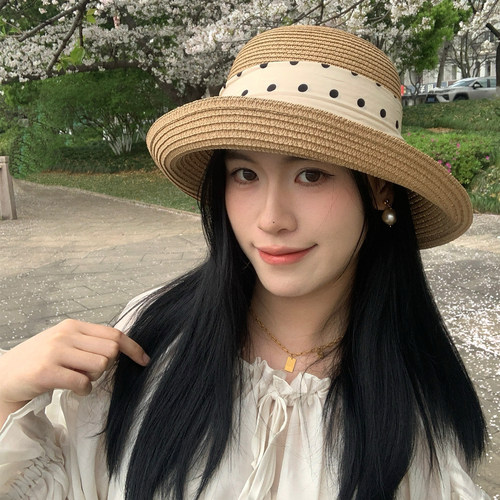 日系复古波点飘带翻檐卷边草帽女夏季海滩防晒遮阳帽出游沙滩帽子