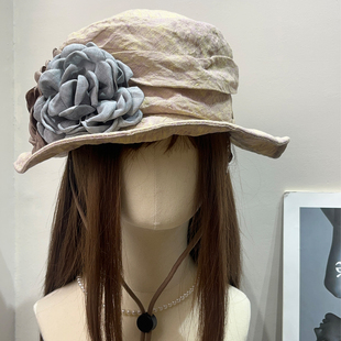 重工褶皱100亚麻花朵遮阳渔夫帽女春夏防晒透气文艺户外太阳帽子
