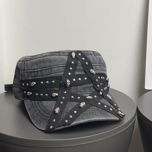 古早辣妹复古水洗牛仔平顶鸭舌帽女美式 重工骷髅显脸小贝雷帽子潮