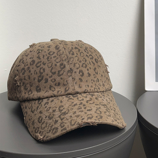 大头围美式 涩谷豹纹棒球帽女春秋复古磨毛软顶显脸小鸭舌帽子男潮