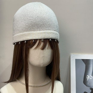 韩系重工钉珠针织帽女秋冬复古保暖毛线帽时尚 显脸小百搭冷帽子潮