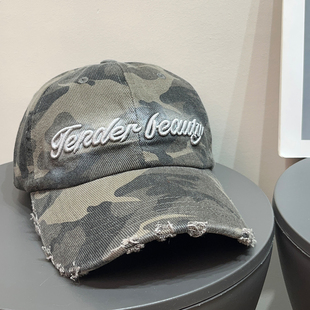 大头围复古做旧迷彩棒球帽女春夏遮阳软顶刺绣磨毛防晒鸭舌帽子男