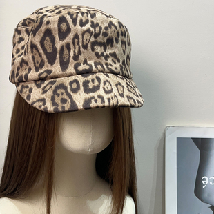 复古豹纹平顶骑士马术帽女秋鹿皮绒百搭显脸小报童帽时髦贝雷帽子