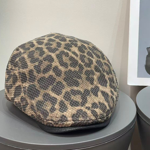 日系复古豹纹pu前进帽女2025秋冬百搭时髦辣妹显脸小反带贝雷帽子