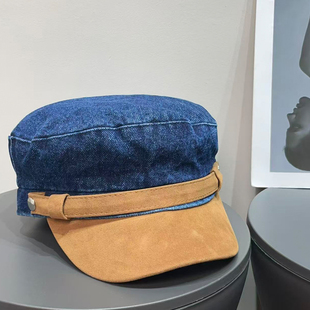 复古老钱风牛仔麂皮绒鸭舌平顶帽女秋冬时尚 贝雷帽显脸小马术帽子