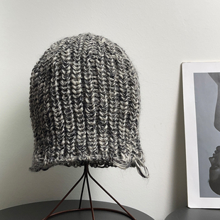 美式 复古废土毛线针织帽女秋冬保暖护耳磨边包头帽大头围帽子男潮