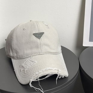大头围加深复古破洞棒球帽女2025春夏新款 做旧百搭防晒鸭舌帽子男