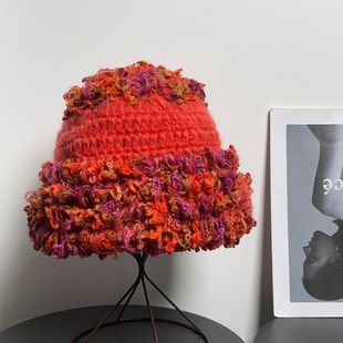 小众设计师款 大头围手工针织拼接毛线帽女秋冬保暖显脸小渔夫帽子