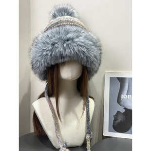 复古长白山费尔岛毛绒雷锋帽女冬季 保暖毛球护耳帽显脸小防风帽子