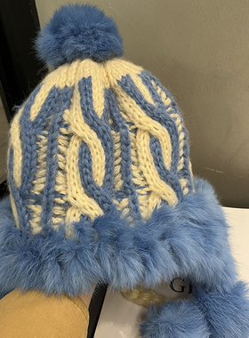 蓝色兔毛针织帽女秋冬季保暖毛线帽韩版甜美可爱毛绒显脸小帽子潮